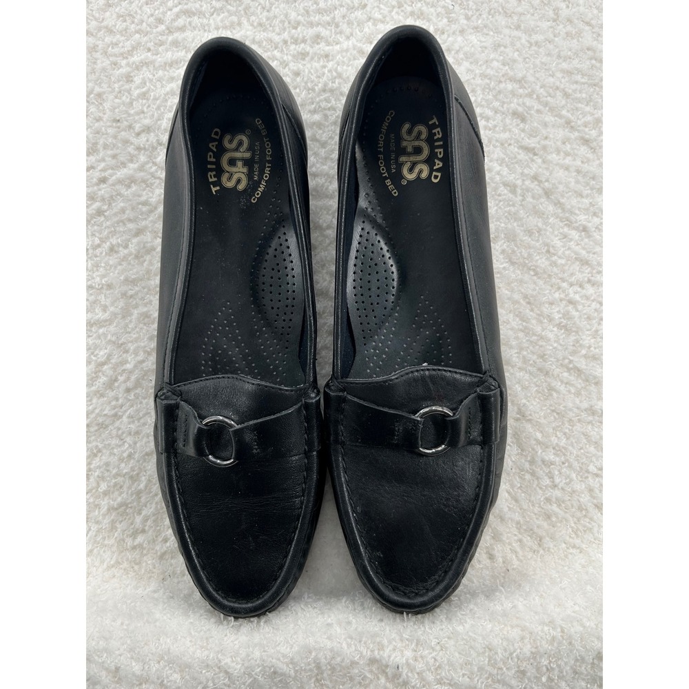 SAS Tripad Comfort Black Leather Loafers Womens 7.5 Narrow Detail Slip On Shoes
